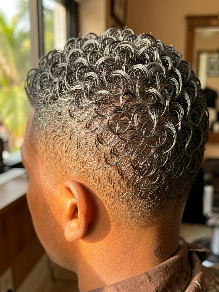 Close-up de cabelo afro molhado e brilhante, com corte fade e luz suave de janela, fundo desfocado de barbearia.
