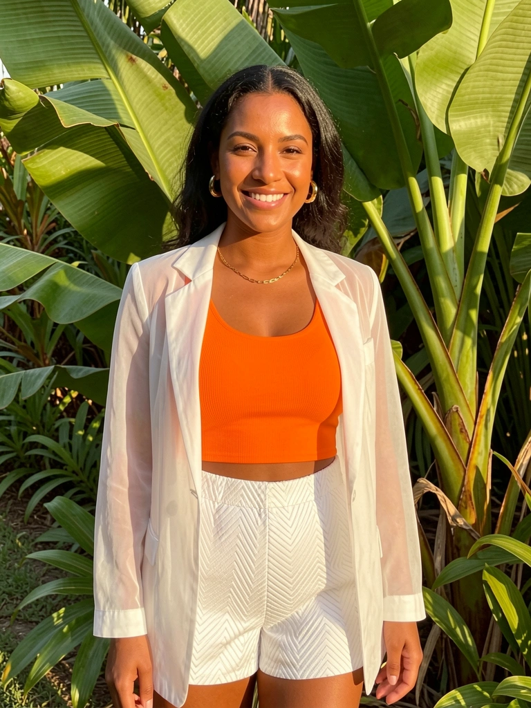 Mulher com blazer branco transparente, top laranja e shorts branco de ziguezague em fundo de folhas de bananeira sob luz solar.