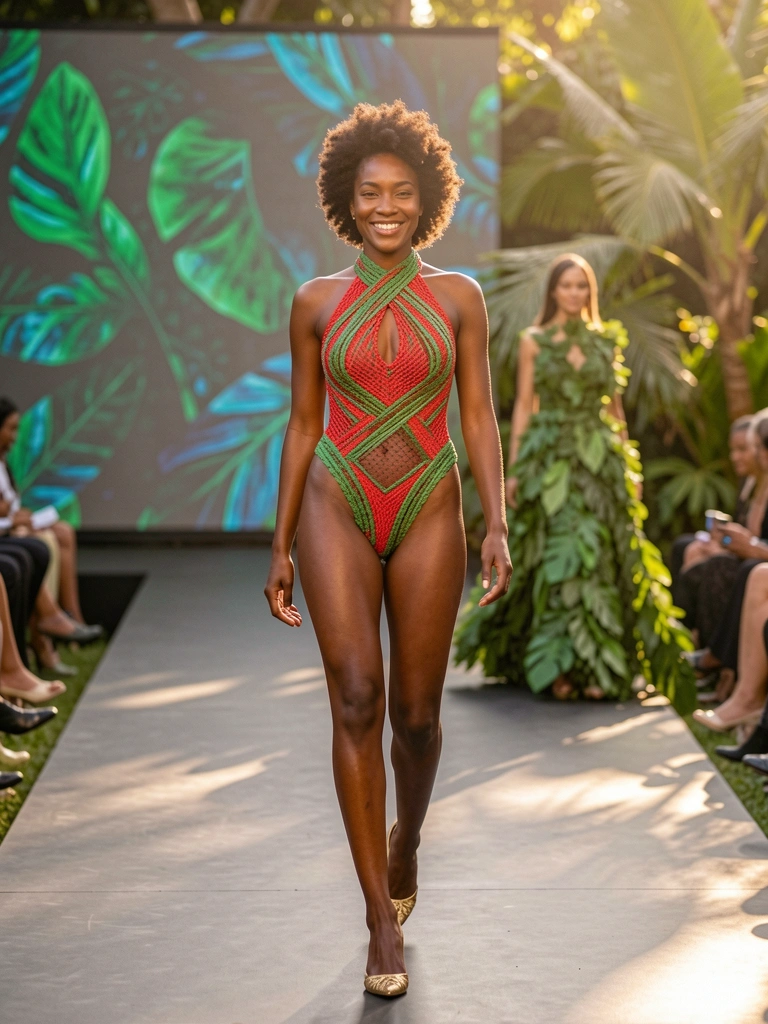 Mulher negra em bodysuit vermelho e verde com decote halter alto, salto dourado fino e sorriso natural em passarela com projeção verde e azul ao fundo.