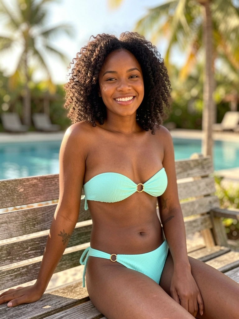 Biquíni turquesa texturizado com argola dourada em mulher negra sentada em banco de madeira, piscina desfocada ao fundo.
