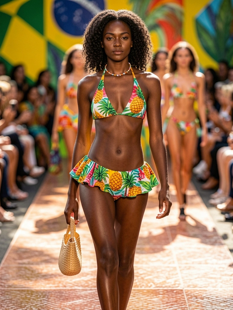 Jovem negra em passarela com biquíni tropical de laço, bolsa de palha e colar de contas.