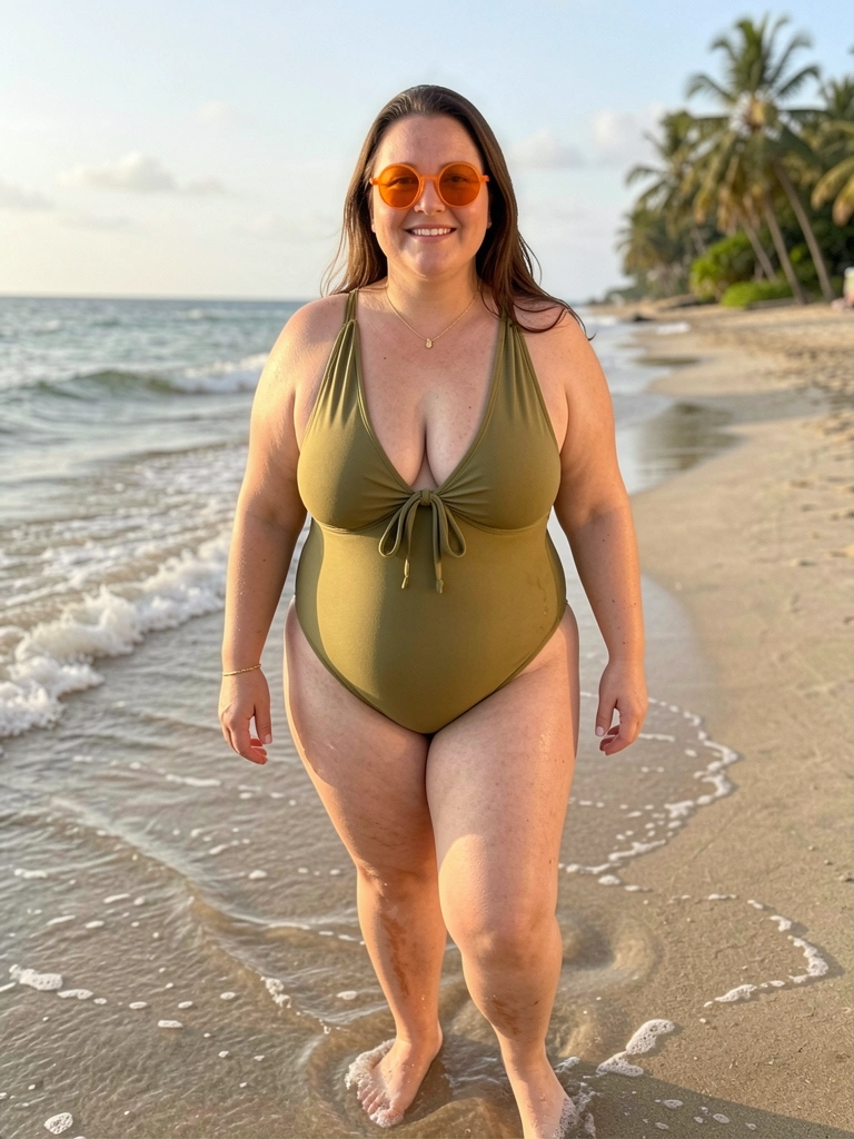 Mulher plus-size em maiô verde-oliva com laço no busto, óculos laranja e colar de ouro, em pé na areia molhada com ondas ao fundo.