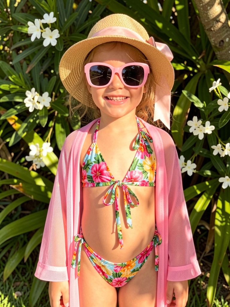 Jovem com biquíni floral, chapéu de palha e óculos escuros em meio a folhagens tropicais com luz natural.