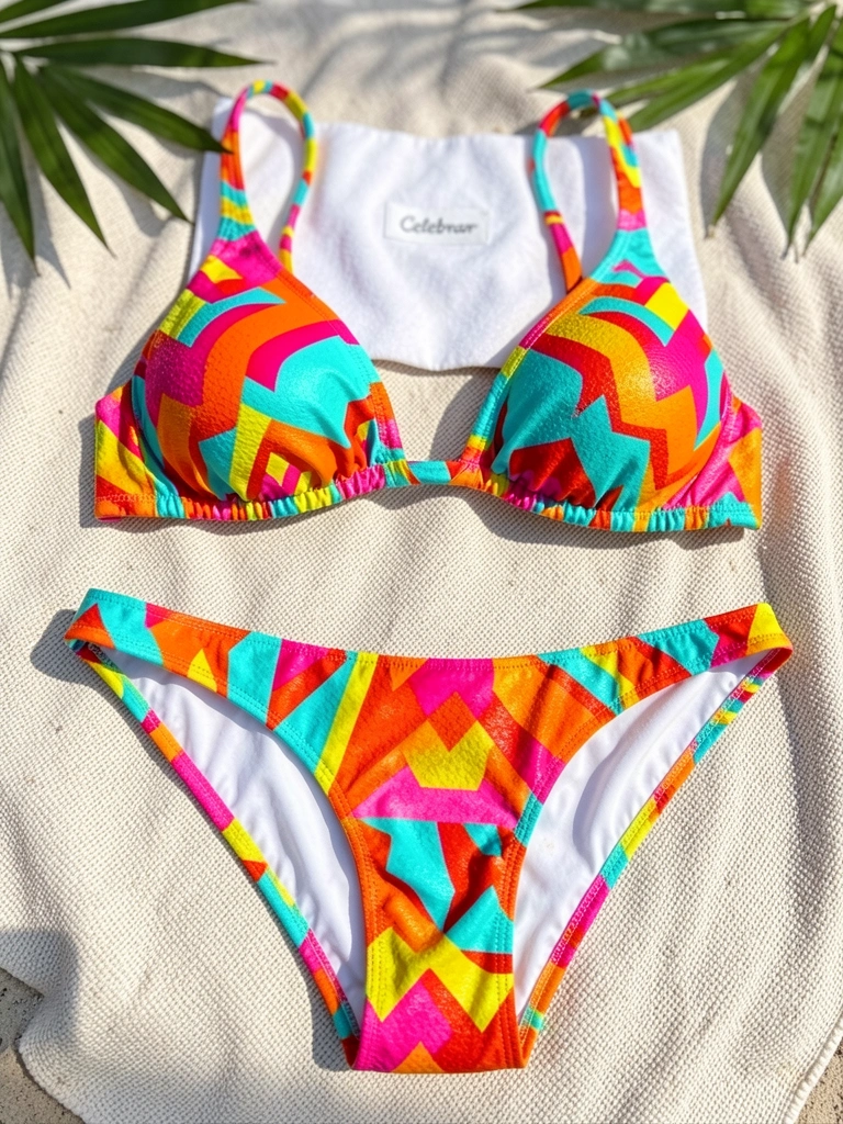 Biquíni plus size com estampa geométrica em laranja, amarelo, vermelho, rosa e turquesa sobre tecido texturizado, em fundo de fibra natural com folhas tropicais desfocadas.