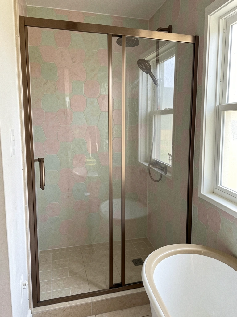 Azulejos hexagonais pastel em parede de chuveiro com piso neutro.