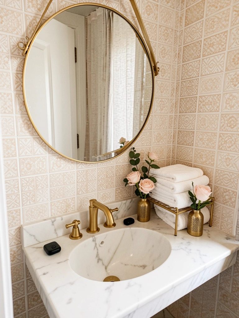 Lavabo pequeno com azulejos estampados e espelho redondo acima da pia.