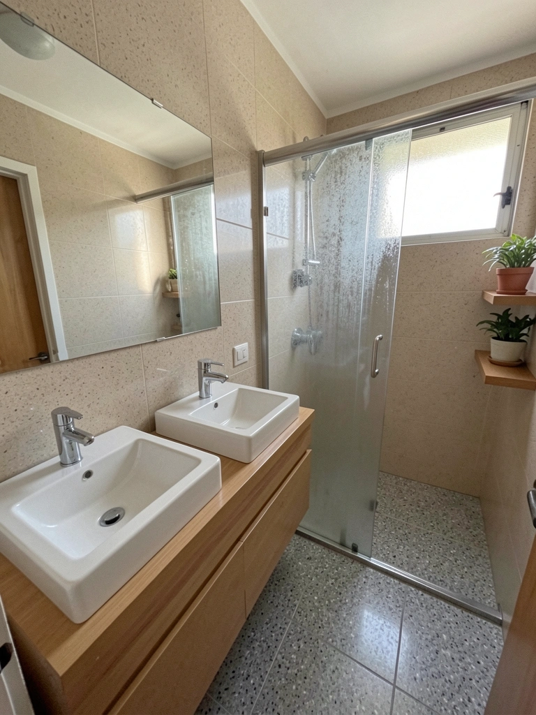 Banheiro médio com duas pias e chuveiro walk-in, azulejos claros e bancada de mármore.