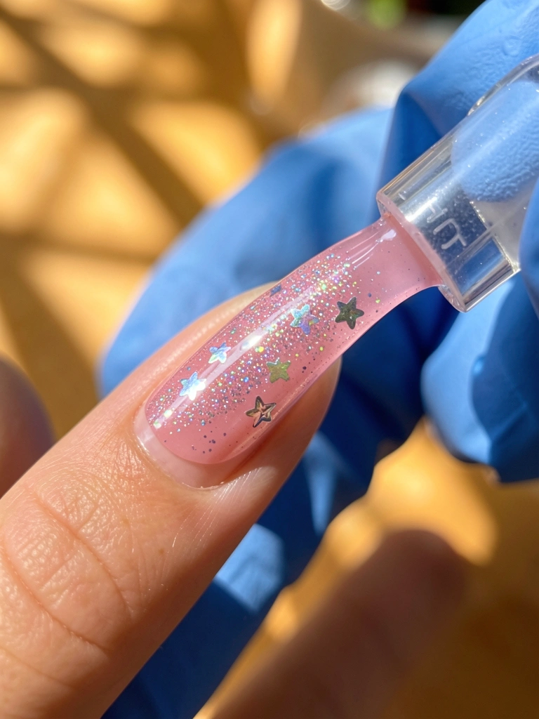 Mão aplicando esmalte rosa cintilante com glitter e estrelas em unha comprida, molde F1 e luva azul visíveis, fundo desfocado com luz tropical.