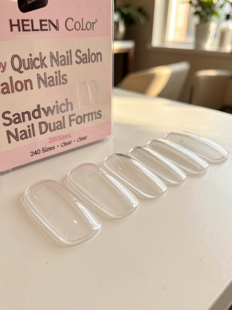 Formas de unha de plástico transparente Helen Color alinhadas em superfície branca, com fundo levemente desfocado e luz natural suave.