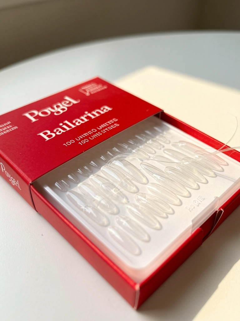 Caixa de pontas de unhas Poygel transparentes estilo bailarina, sobre superfície branca com luz natural suave.