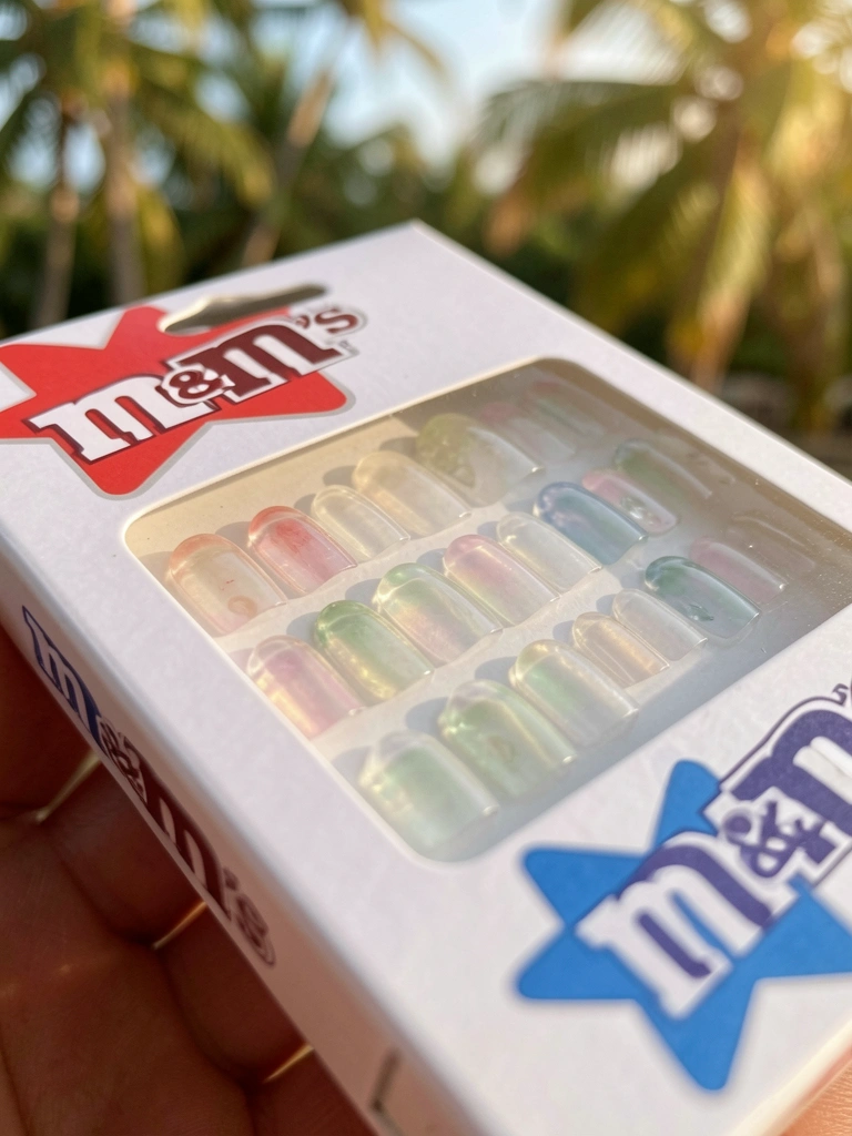 Caixa branca com logotipo vermelho e azul de M&M