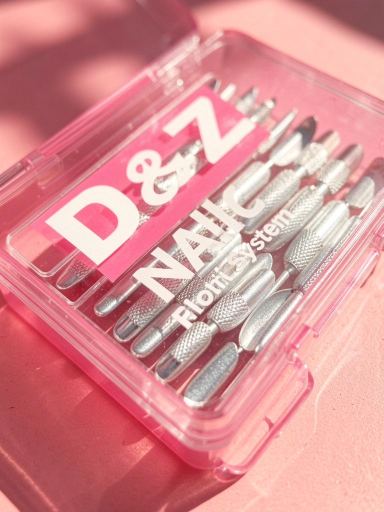 Kit de formas plásticas D&Z em penteadeira rosa, com ferramentas prateadas texturizadas dentro de estojo transparente, luz natural suave.