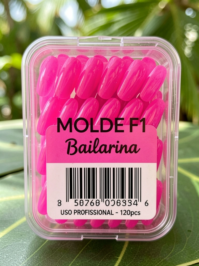 Pote plástico transparente com esmalte rosa vibrante e pontas de unha, luz natural suave e fundo tropical sutil.