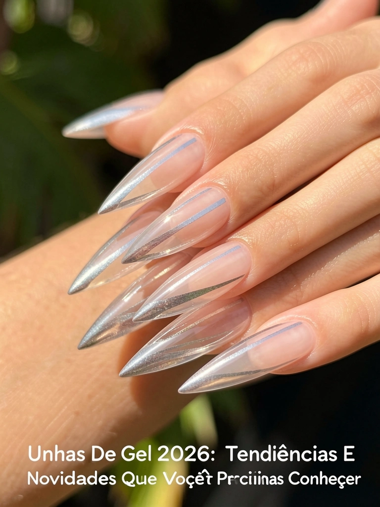 Cinco alongadores de unhas de gel translúcidos em formato amendoado, com listras metálicas prateadas e luz natural difusa, empilhados em camadas precisas contra fundo escuro.