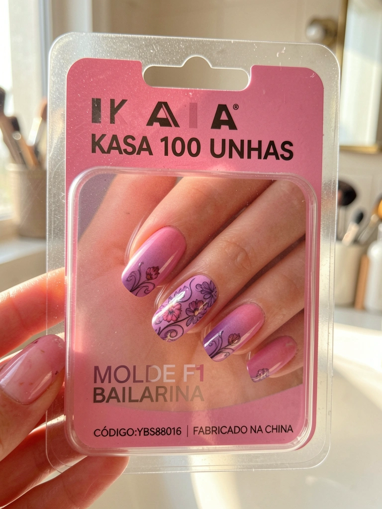 Blister pack de unhas postiças KAISA com gradiente rosa e roxo e desenhos florais, luz natural entrando por janela ao fundo desfocado.