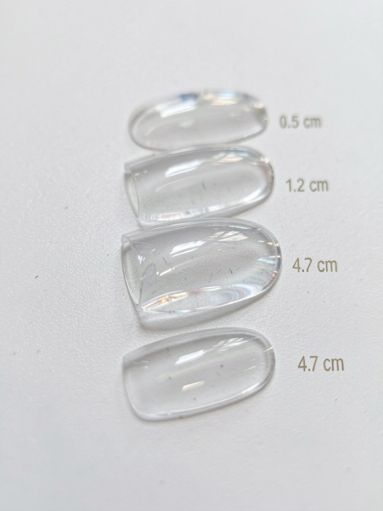 Ponteiras de acrílico transparente em comprimentos de 0,5 cm, 1,2 cm e 4,7 cm dispostas verticalmente sobre superfície branca, com luz natural difusa e fundo levemente desfocado.