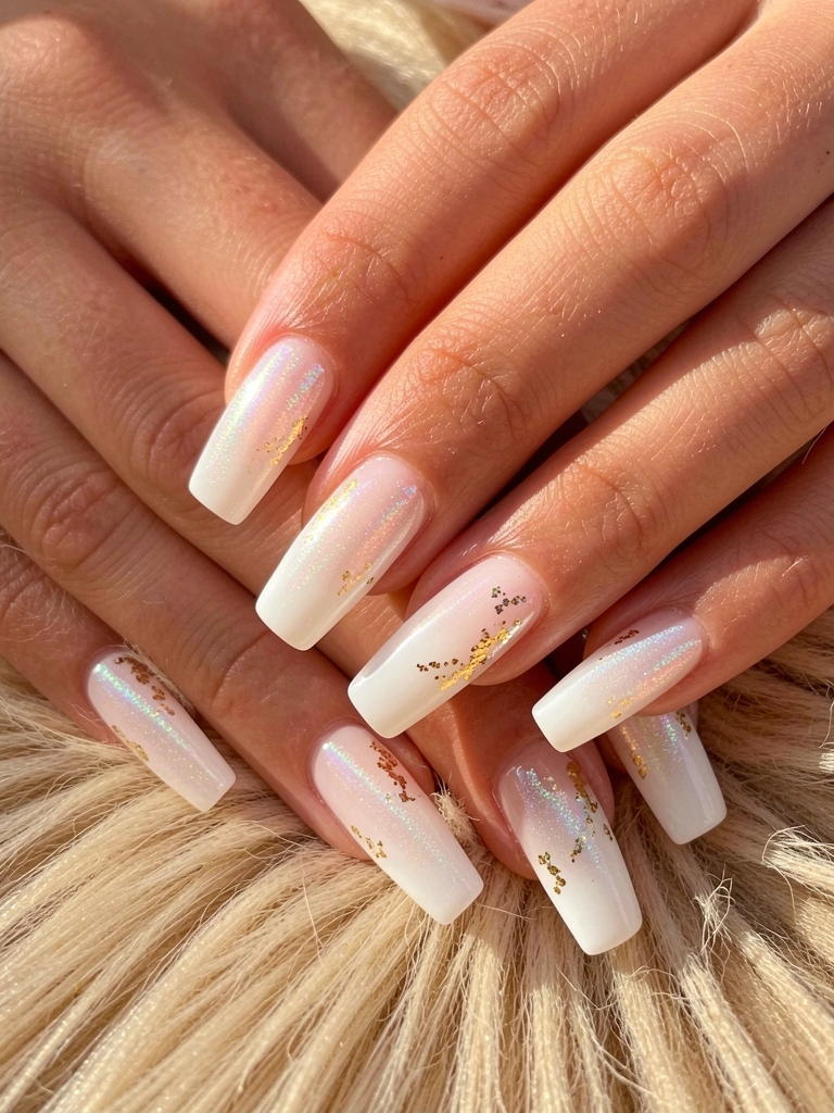 Mãos com unhas retangulares longas em esmalte branco perolado e glitter dourado sobre fundo de pele sintética bege, luz natural difusa.