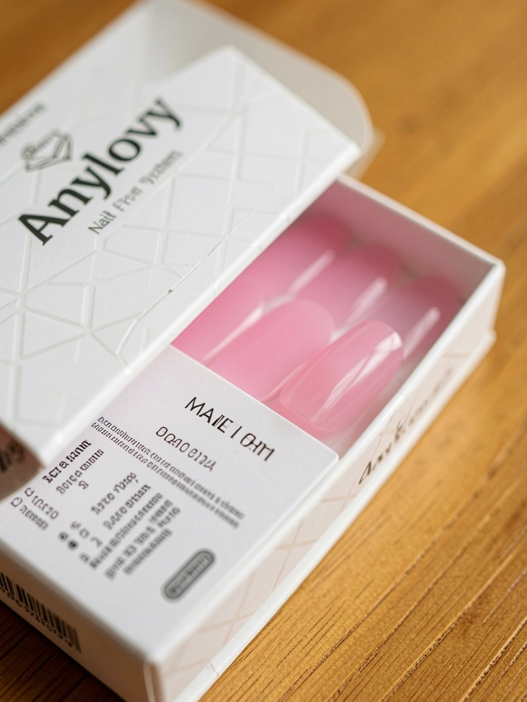 Caixa branca de sistema de unhas Anylovy com padrão de diamantes, parcialmente aberta revelando formas de unhas rosa, luz natural suave sobre fundo de madeira.