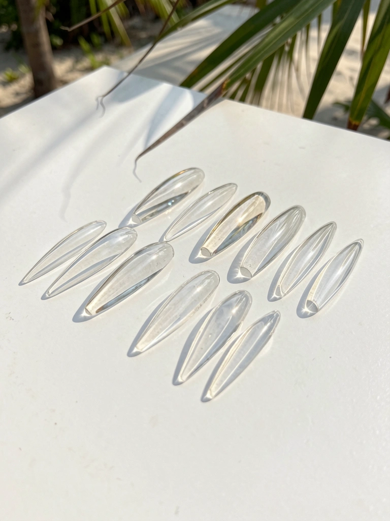 Quinze unhas postiças acrílicas transparentes e alongadas, dispostas em fileira sobre superfície branca, com reflexos de luz e sombras suaves.