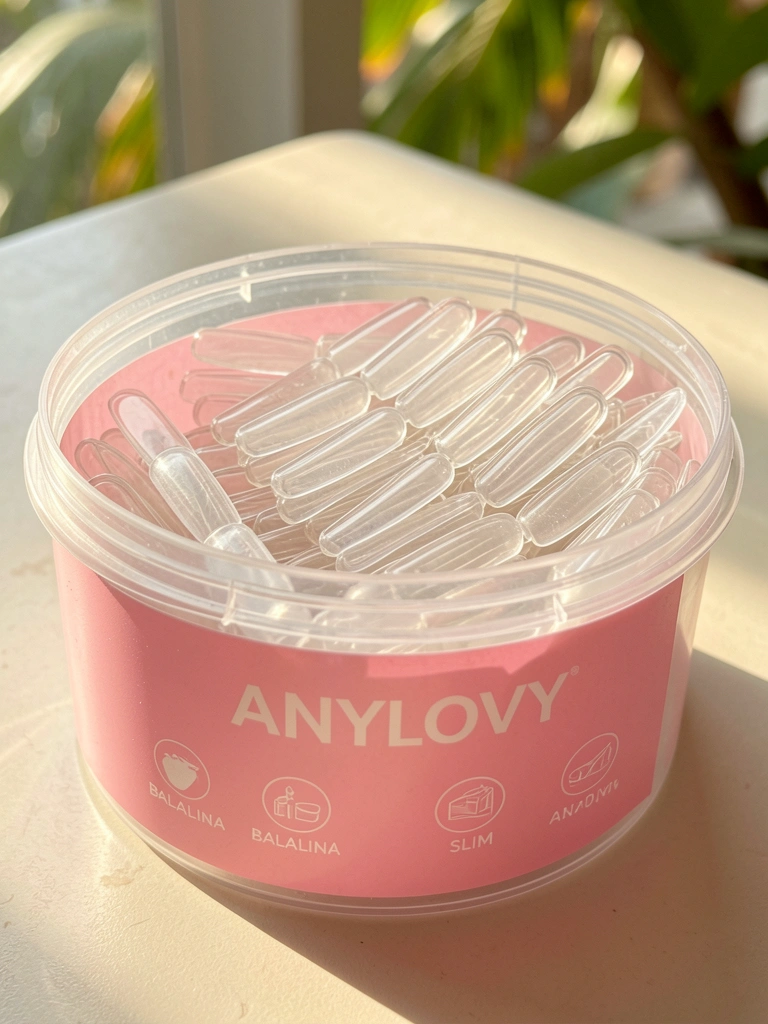 Pote plástico rosa com formas de unha transparentes empilhadas, luz natural e fundo levemente desfocado.