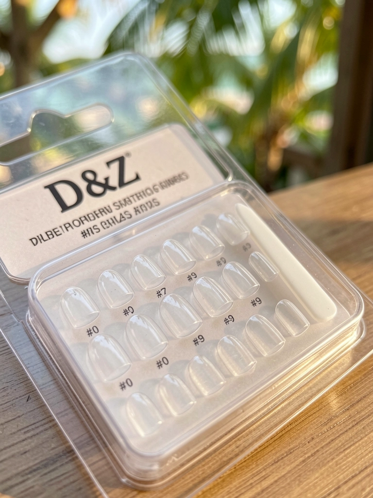 Embalagem plástica transparente de pontas de unha D&Z, dez tamanhos (#0-#9), aplicador branco incluso, luz natural filtrada.