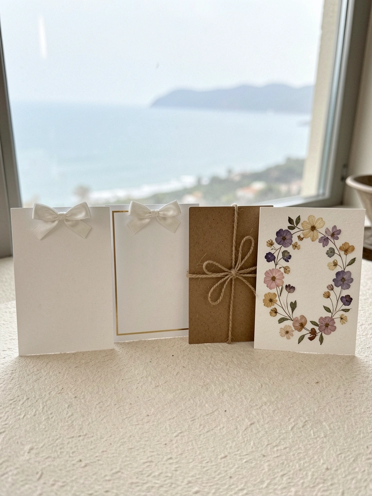 Quatro convites de casamento lado a lado: um com laço, um branco minimalista, um em kraft rústico e um floral.