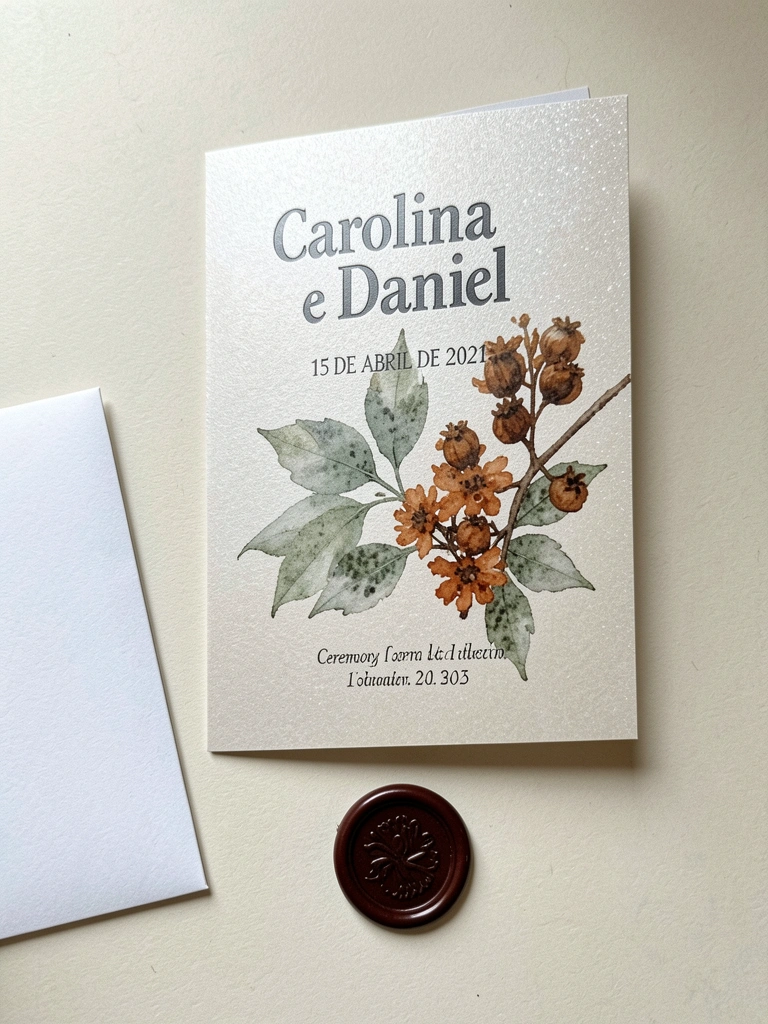 Convite de casamento com texto em relevo sobre papel perolado, iluminado por luz suave.