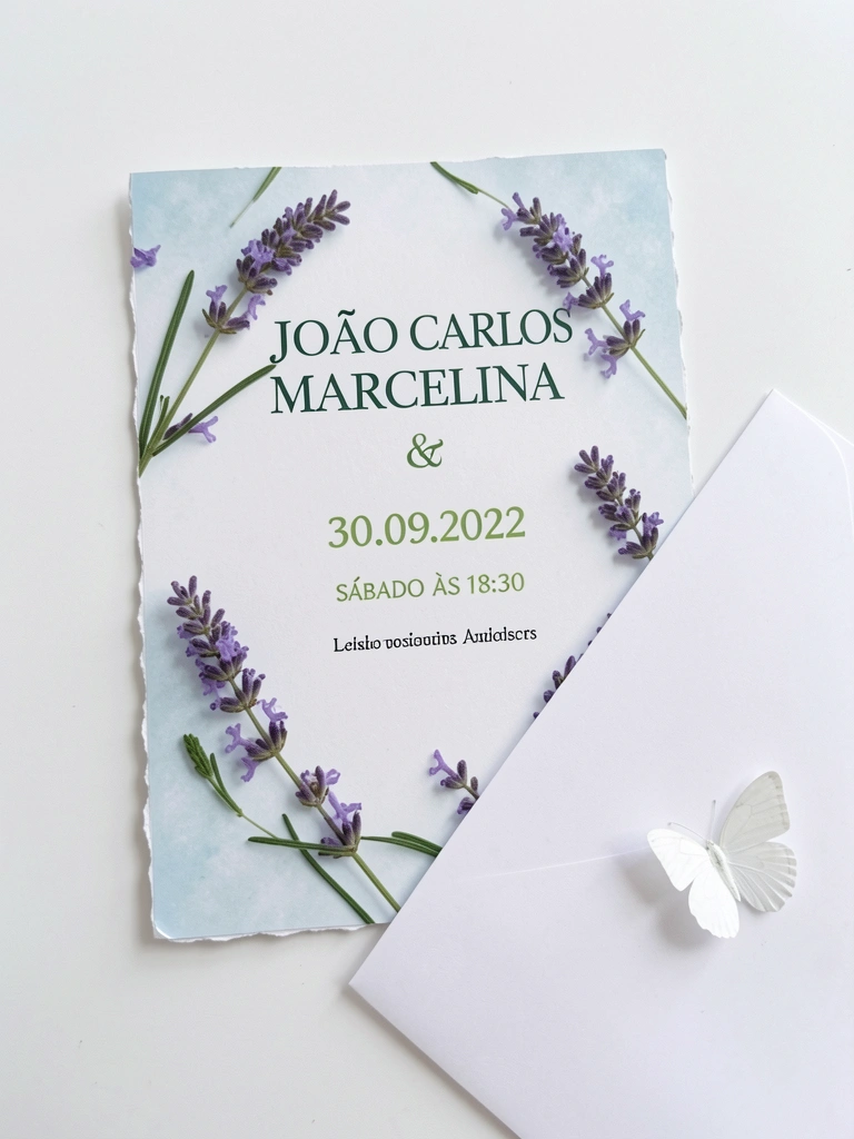 Convite de casamento minimalista com texto centralizado em fundo branco.