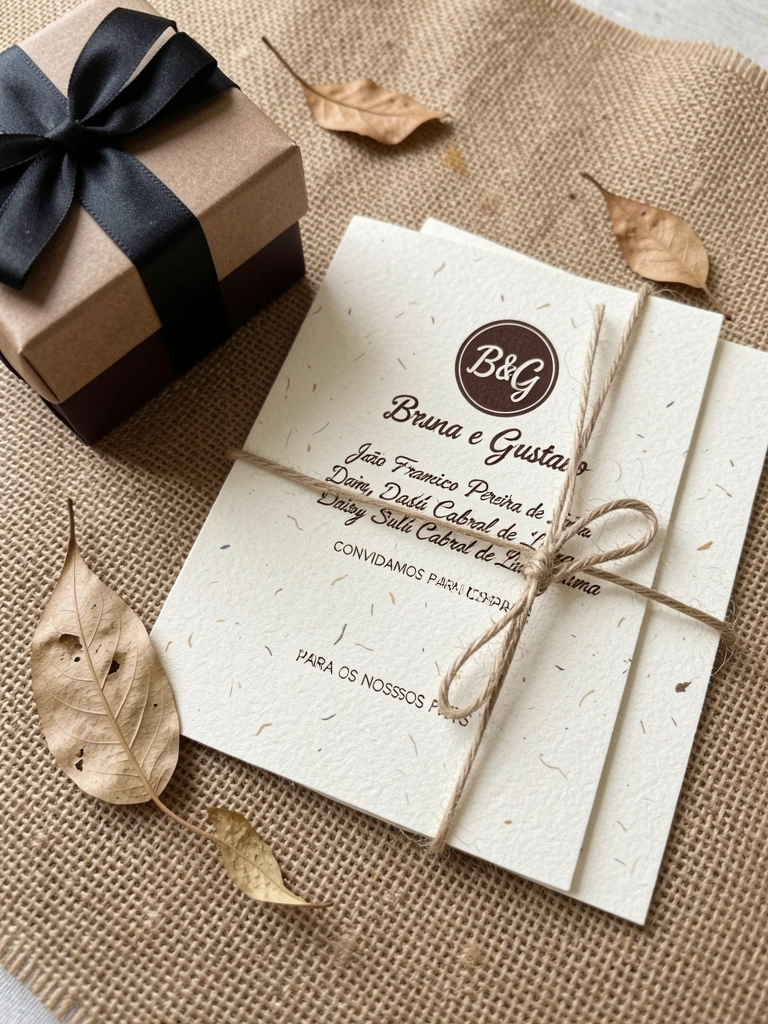 Convite de casamento em papel reciclado amarrado com barbante e folhas secas.