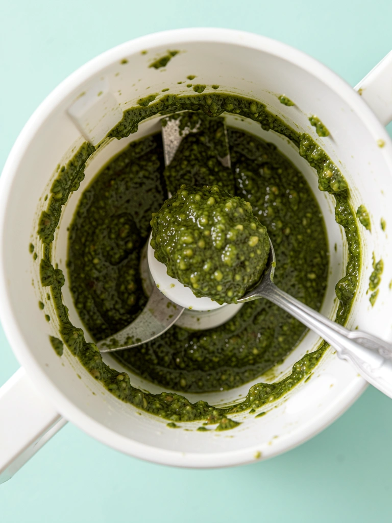 Tigela branca de processador com pesto verde espesso e talher de prata, luz natural sobre superfície turquesa clara.