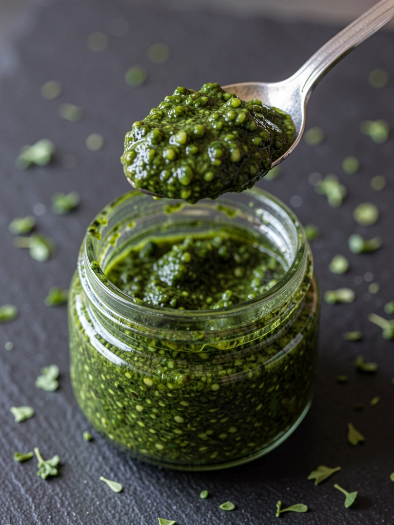 Pesto verde em pote de vidro com colher de prata suspensa, sobre superfície de ardósia escura salpicada de ervas, iluminação suave.