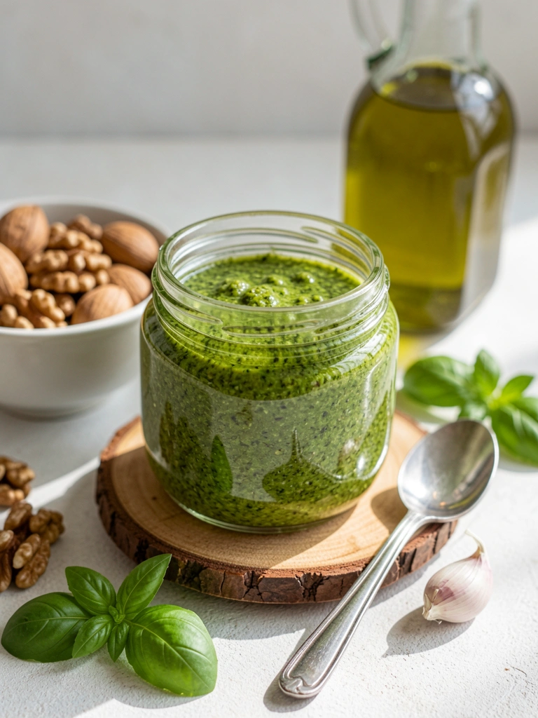 Pote de vidro com pesto verde sobre base de madeira, colher de prata, tigela de nozes e folhas de manjericão, luz natural com sombras suaves.