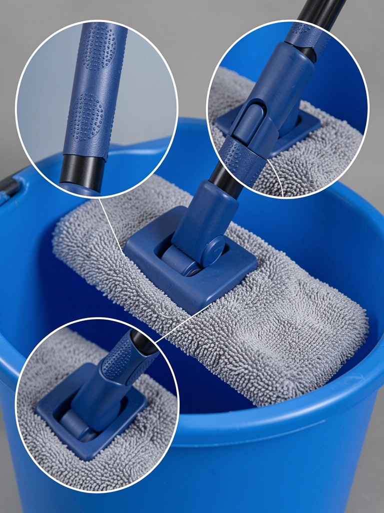 Cabeça de esfregão azul com pano de microfibra cinza sobre balde plástico azul, alça texturizada em close-up, iluminação suave natural sobre fundo cinza neutro.