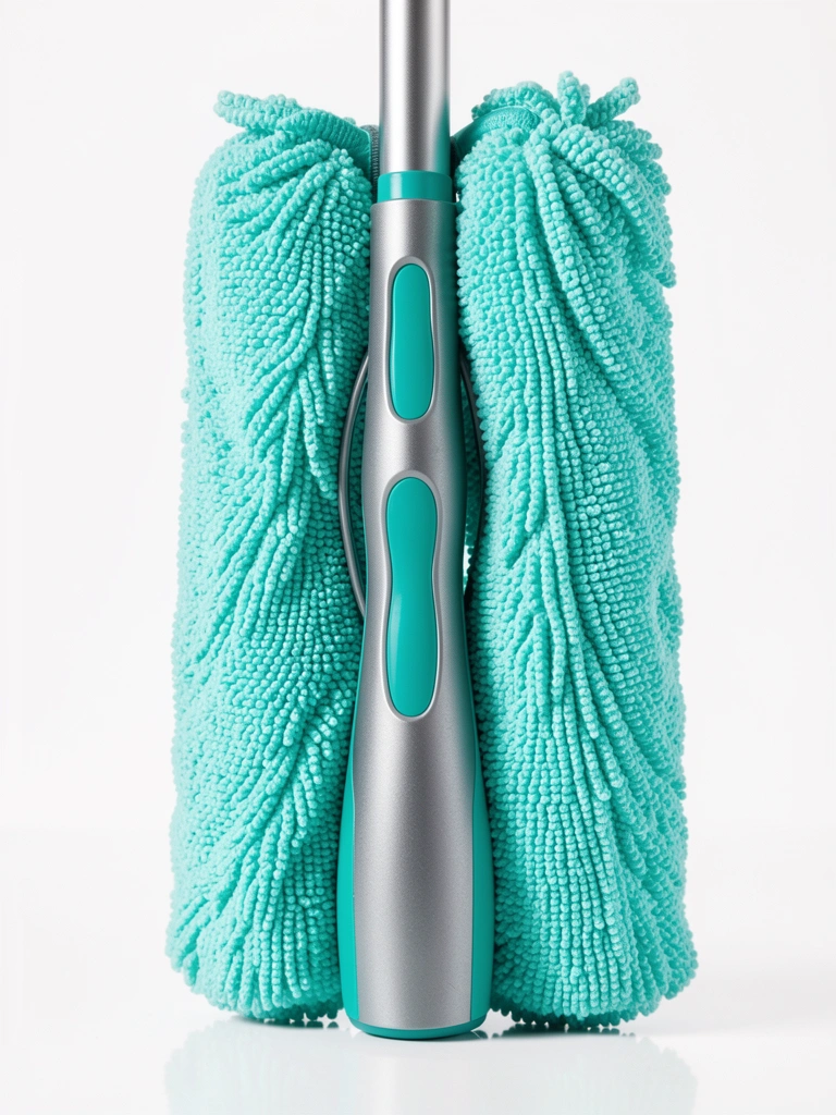Close-up de mop spray turquesa e cinza com cabeça de microfibra densa, cabo prateado com detalhes turquesa e empunhadura ergonômica, iluminado por luz suave sobre fundo branco.