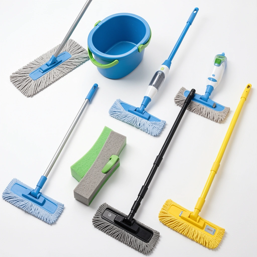 Oito mops de diferentes tipos e cores, incluindo spray e esponja, dispostos sobre superfície branca com iluminação uniforme.