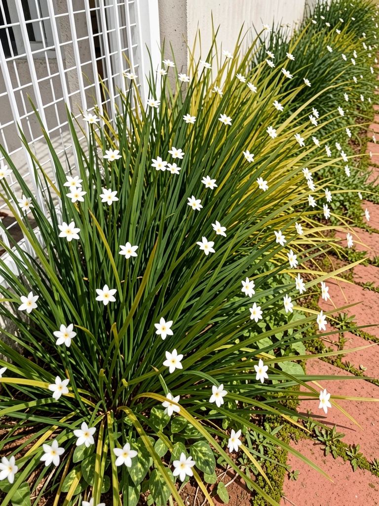 Canteiro ensolarado com flores brancas de moreia entre folhas verdes
