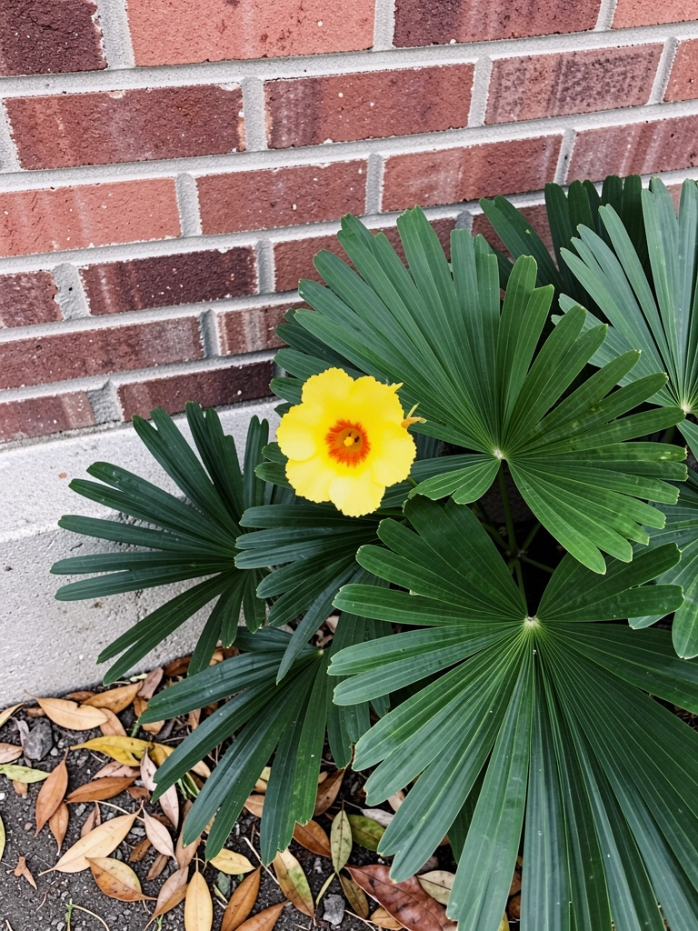 Detalhe de folhas em leque e flor amarela da moreia planta.