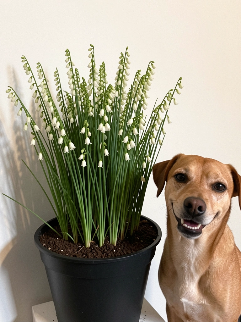 Cachorro deitado ao lado de vaso com folhagem de moreia
