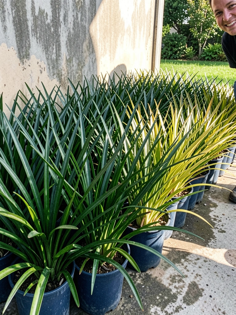 Folhagens verdes de Dietes iridioides e Dietes bicolor lado a lado, com folhas alongadas e flores brancas e amarelas.
