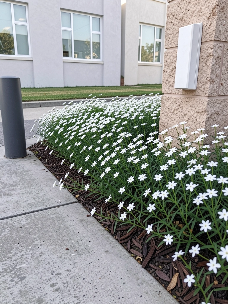 Bordadura de jardim com moreias plantadas em linha, folhagem verde e densa.