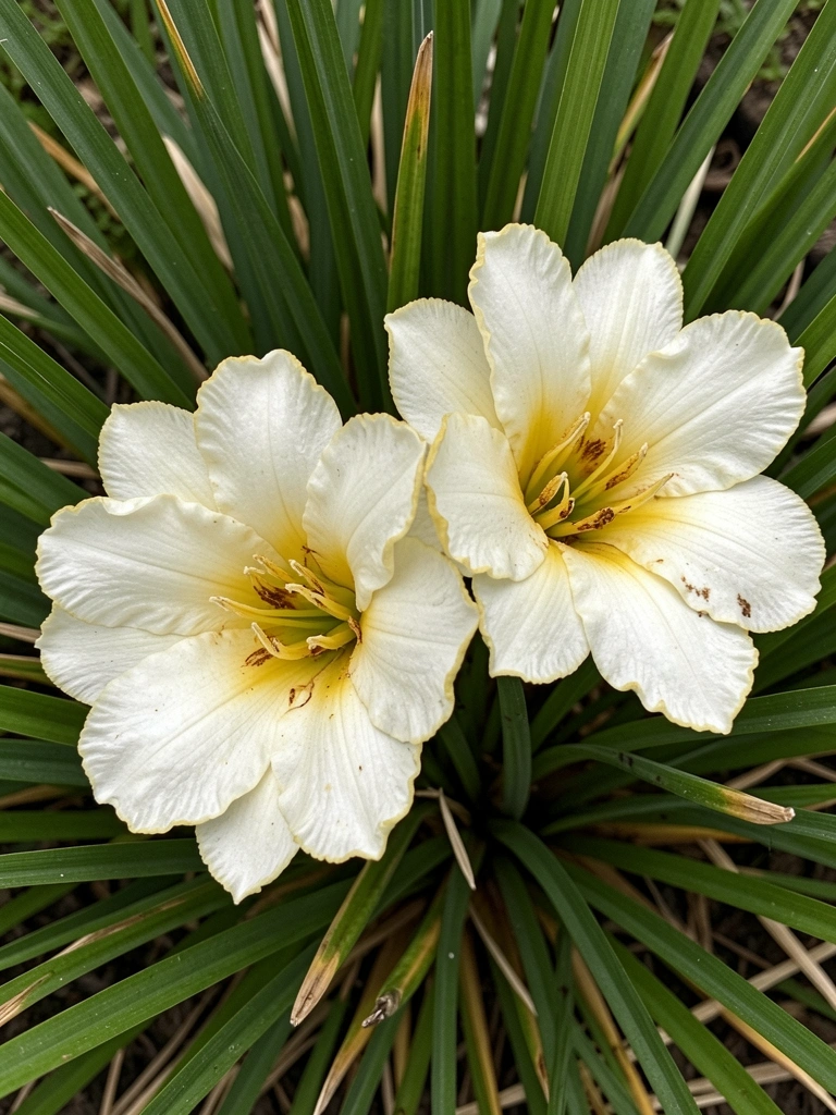 Folhas verdes longas dispostas em leque, formando um arranjo vegetal simétrico.