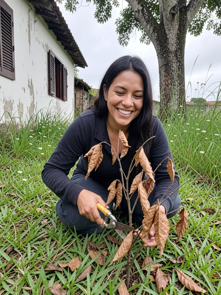 Tesoura de poda cortando folhas secas de uma planta.
