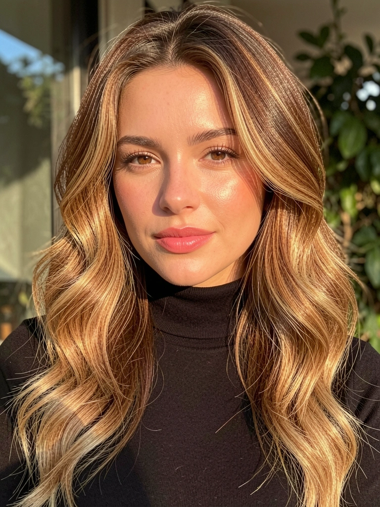 Mulher de cabelos castanhos com mechas douradas, blusa preta de gola alta, luz suave com reflexo de vegetação ao fundo.