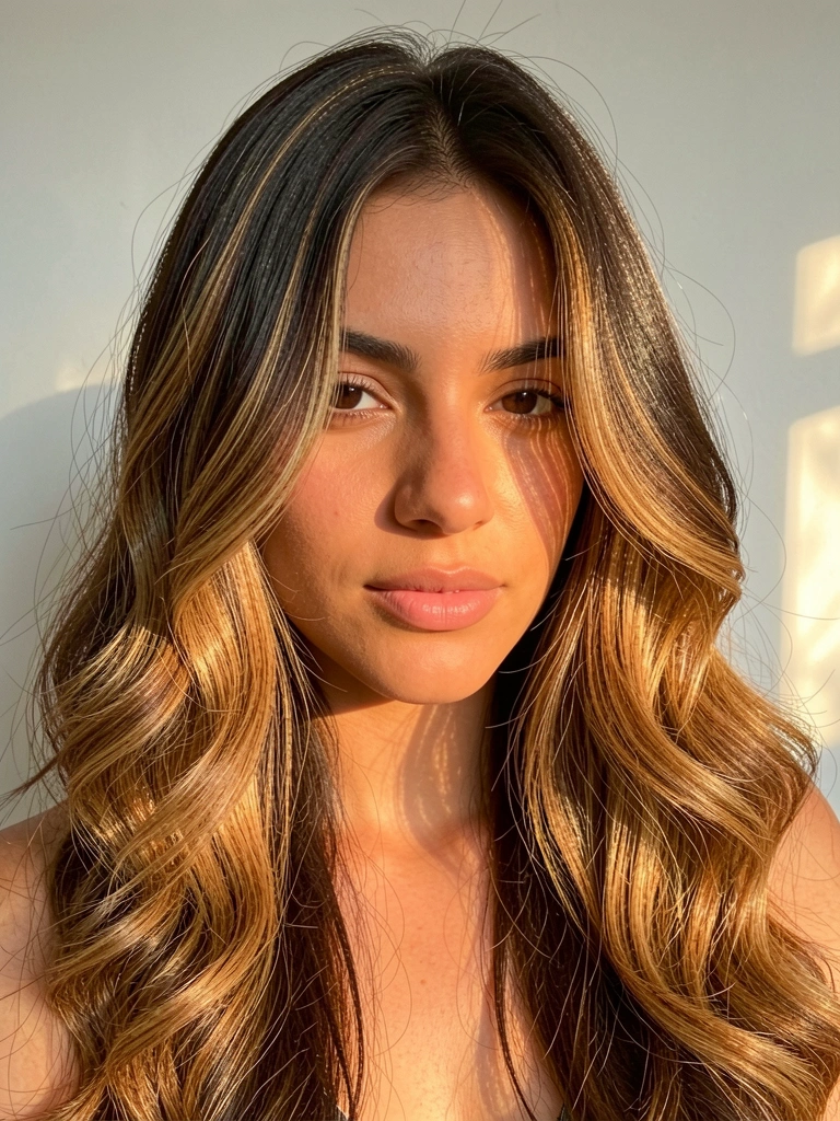 Balayage em cabelo castanho escuro com mechas caramelo e loiro dourado, iluminação suave e fundo cinza claro com luz matinal.