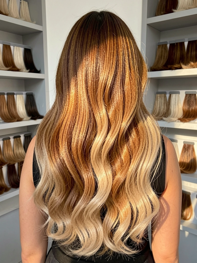 Cabelo ondulado castanho com mechas caramelizadas e pontas bege, luz natural de manhã em salão com prateleiras cinza e tons de tinta cobre.