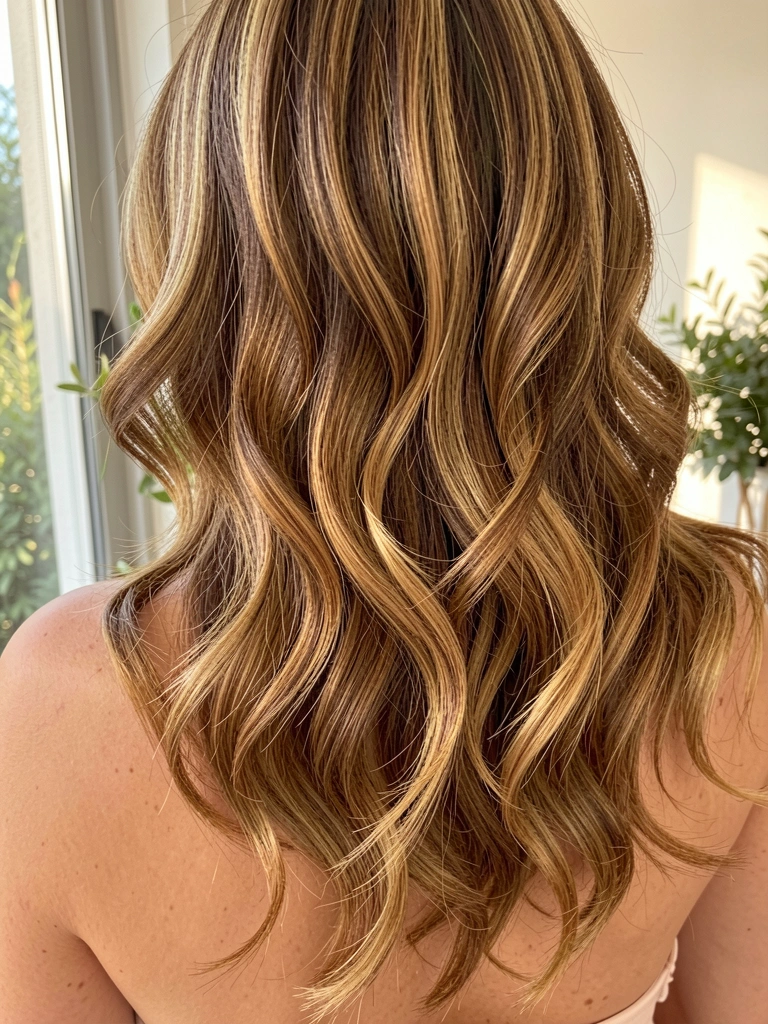 Ombro e costas de mulher com cabelo balayagem em tons de caramelo, bronze e dourado, ondas e cachos definidos, luz natural da manhã e fundo com verde sutil pela janela.
