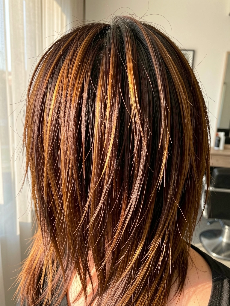 Cabelo castanho escuro com mechas ruivas e pontas duplas, luz suave de manhã filtrada por cortina, fundo de salão minimalista.