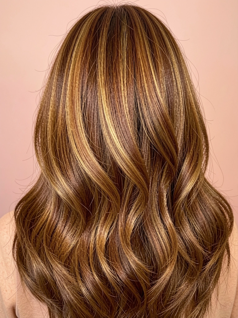 Cabelo castanho com balayage em tons de caramelo e mel, ondas suaves e brilho intenso, fundo blush rosa.