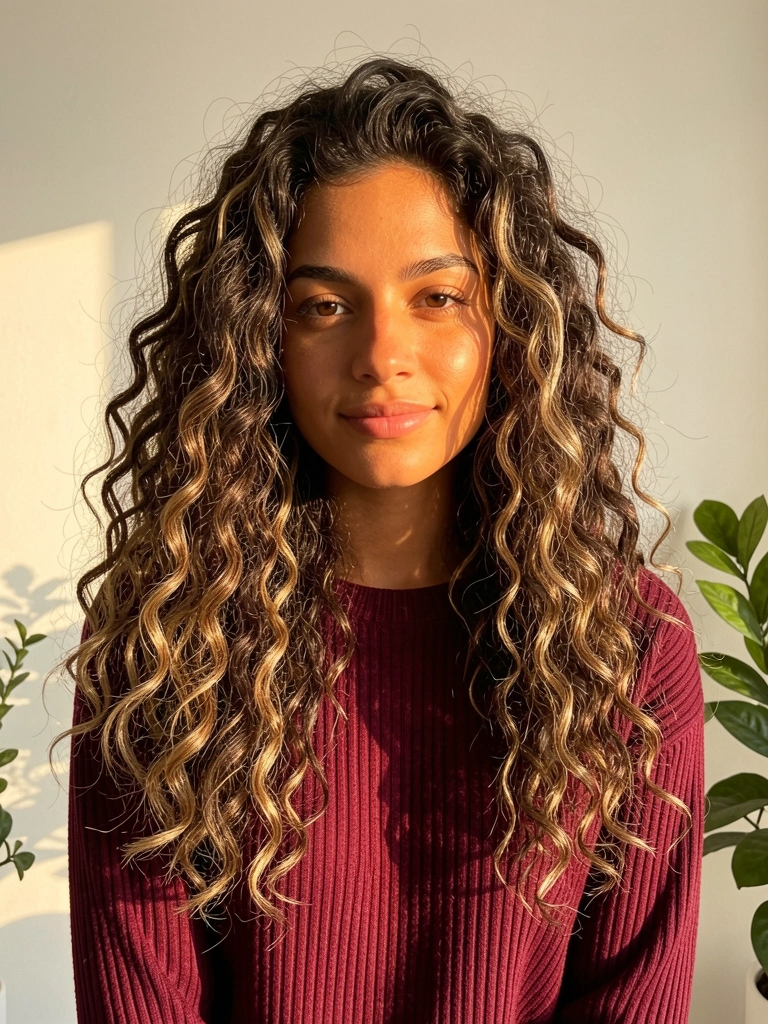 Moça de cabelos cacheados castanhos com mechas claras, suéter vinho canelado, luz dourada e plantas ao fundo.