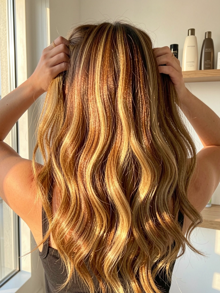 Mulher de cabelos castanhos com mechas douradas puxando os fios para trás em sala clara, com frascos de shampoo e condicionador na prateleira e luz matinal entrando pela janela.